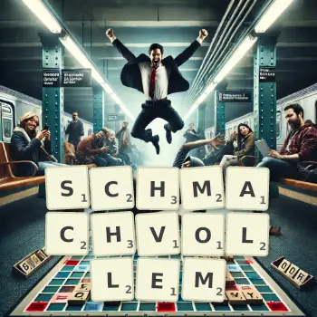 Kreative Illustration für ein Scrabble-Spiel, bei dem das Wort SCHMACHVOLLEM mit Steinen auf dem Brett gelegt wurde.