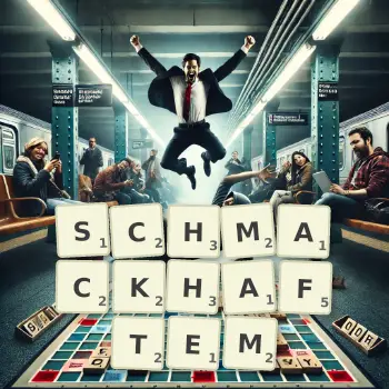 Kreative Illustration für ein Scrabble-Spiel, bei dem das Wort SCHMACKHAFTEM mit Steinen auf dem Brett gelegt wurde.