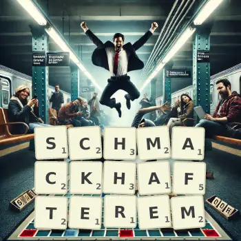 Kreative Illustration für ein Scrabble-Spiel, bei dem das Wort SCHMACKHAFTEREM mit Steinen auf dem Brett gelegt wurde.