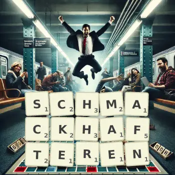 Kreative Illustration für ein Scrabble-Spiel, bei dem das Wort SCHMACKHAFTEREN mit Steinen auf dem Brett gelegt wurde.