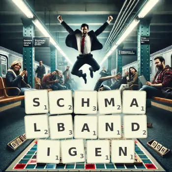 Kreative Illustration für ein Scrabble-Spiel, bei dem das Wort SCHMALBANDIGEN mit Steinen auf dem Brett gelegt wurde.