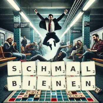 Kreative Illustration für ein Scrabble-Spiel, bei dem das Wort SCHMALBIENEN mit Steinen auf dem Brett gelegt wurde.