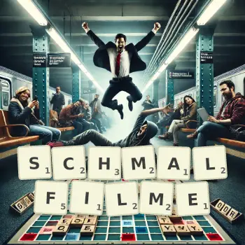 Kreative Illustration für ein Scrabble-Spiel, bei dem das Wort SCHMALFILME mit Steinen auf dem Brett gelegt wurde.