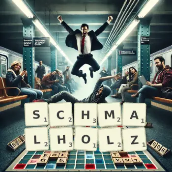 Kreative Illustration für ein Scrabble-Spiel, bei dem das Wort SCHMALHOLZ mit Steinen auf dem Brett gelegt wurde.