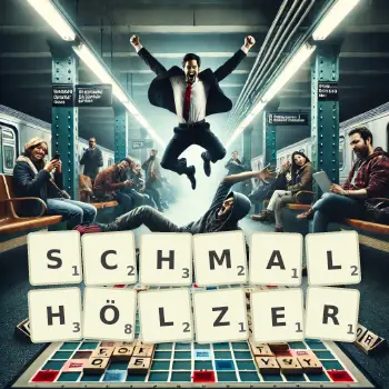 Kreative Illustration für ein Scrabble-Spiel, bei dem das Wort SCHMALHÖLZER mit Steinen auf dem Brett gelegt wurde.