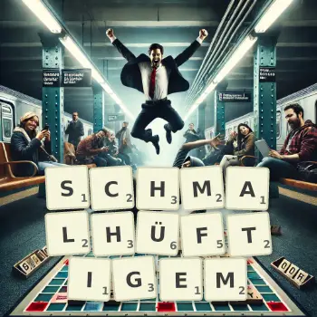 Kreative Illustration für ein Scrabble-Spiel, bei dem das Wort SCHMALHÜFTIGEM mit Steinen auf dem Brett gelegt wurde.