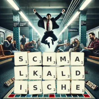 Kreative Illustration für ein Scrabble-Spiel, bei dem das Wort SCHMALKALDISCHE mit Steinen auf dem Brett gelegt wurde.