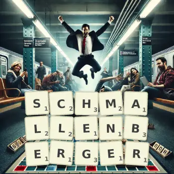 Kreative Illustration für ein Scrabble-Spiel, bei dem das Wort SCHMALLENBERGER mit Steinen auf dem Brett gelegt wurde.