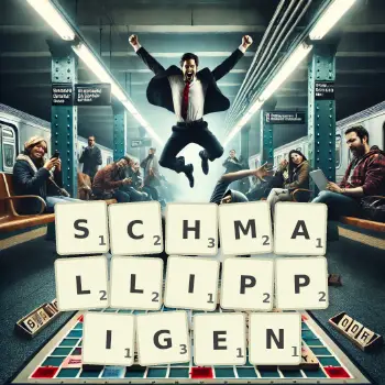 Kreative Illustration für ein Scrabble-Spiel, bei dem das Wort SCHMALLIPPIGEN mit Steinen auf dem Brett gelegt wurde.