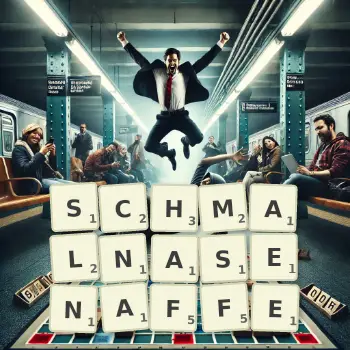 Kreative Illustration für ein Scrabble-Spiel, bei dem das Wort SCHMALNASENAFFE mit Steinen auf dem Brett gelegt wurde.