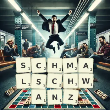 Kreative Illustration für ein Scrabble-Spiel, bei dem das Wort SCHMALSCHWANZ mit Steinen auf dem Brett gelegt wurde.