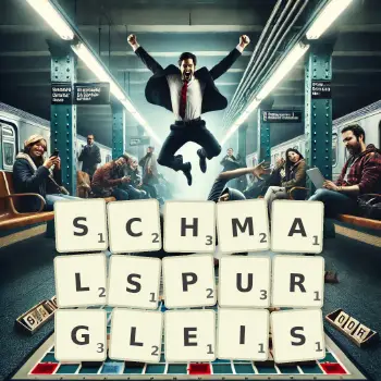 Kreative Illustration für ein Scrabble-Spiel, bei dem das Wort SCHMALSPURGLEIS mit Steinen auf dem Brett gelegt wurde.