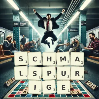Kreative Illustration für ein Scrabble-Spiel, bei dem das Wort SCHMALSPURIGE mit Steinen auf dem Brett gelegt wurde.