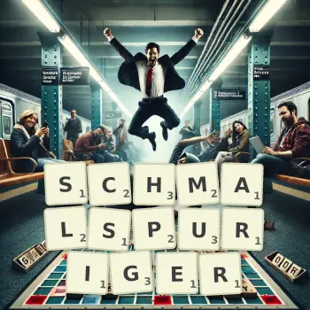 Kreative Illustration für ein Scrabble-Spiel, bei dem das Wort SCHMALSPURIGER mit Steinen auf dem Brett gelegt wurde.