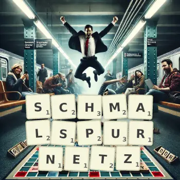 Kreative Illustration für ein Scrabble-Spiel, bei dem das Wort SCHMALSPURNETZ mit Steinen auf dem Brett gelegt wurde.
