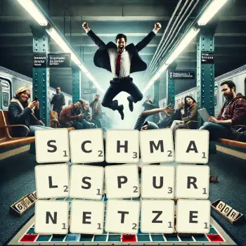 Kreative Illustration für ein Scrabble-Spiel, bei dem das Wort SCHMALSPURNETZE mit Steinen auf dem Brett gelegt wurde.