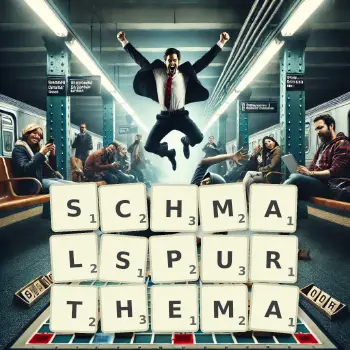 Kreative Illustration für ein Scrabble-Spiel, bei dem das Wort SCHMALSPURTHEMA mit Steinen auf dem Brett gelegt wurde.