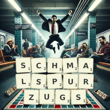 Kreative Illustration für ein Scrabble-Spiel, bei dem das Wort SCHMALSPURZUGS mit Steinen auf dem Brett gelegt wurde.