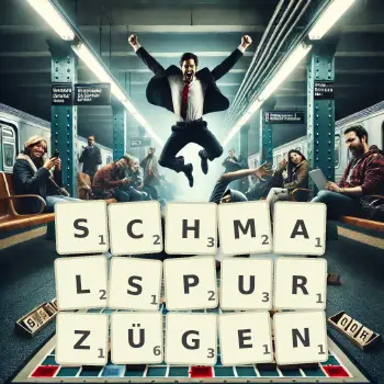 Kreative Illustration für ein Scrabble-Spiel, bei dem das Wort SCHMALSPURZÜGEN mit Steinen auf dem Brett gelegt wurde.