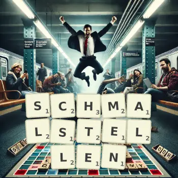 Kreative Illustration für ein Scrabble-Spiel, bei dem das Wort SCHMALSTELLEN mit Steinen auf dem Brett gelegt wurde.