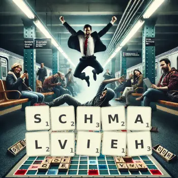 Kreative Illustration für ein Scrabble-Spiel, bei dem das Wort SCHMALVIEH mit Steinen auf dem Brett gelegt wurde.