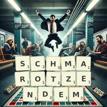 Kreative Illustration für ein Scrabble-Spiel, bei dem das Wort SCHMAROTZENDEM mit Steinen auf dem Brett gelegt wurde.