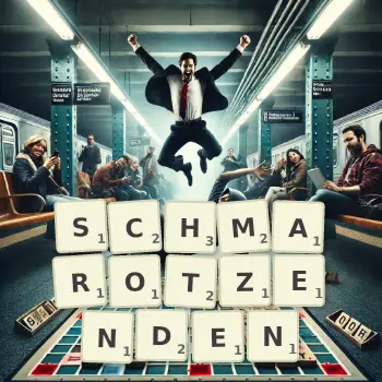 Kreative Illustration für ein Scrabble-Spiel, bei dem das Wort SCHMAROTZENDEN mit Steinen auf dem Brett gelegt wurde.