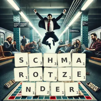 Kreative Illustration für ein Scrabble-Spiel, bei dem das Wort SCHMAROTZENDER mit Steinen auf dem Brett gelegt wurde.
