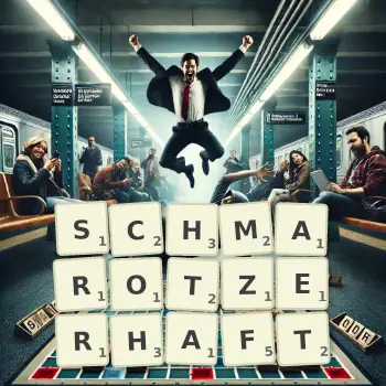 Kreative Illustration für ein Scrabble-Spiel, bei dem das Wort SCHMAROTZERHAFT mit Steinen auf dem Brett gelegt wurde.