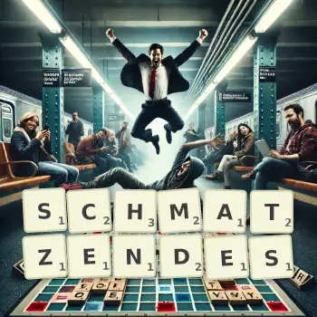 Kreative Illustration für ein Scrabble-Spiel, bei dem das Wort SCHMATZENDES mit Steinen auf dem Brett gelegt wurde.