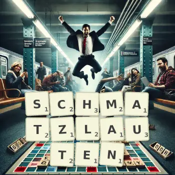 Kreative Illustration für ein Scrabble-Spiel, bei dem das Wort SCHMATZLAUTEN mit Steinen auf dem Brett gelegt wurde.