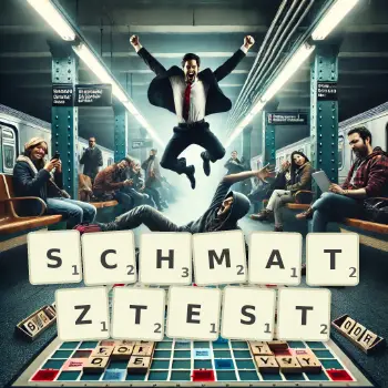 Kreative Illustration für ein Scrabble-Spiel, bei dem das Wort SCHMATZTEST mit Steinen auf dem Brett gelegt wurde.