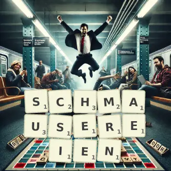 Kreative Illustration für ein Scrabble-Spiel, bei dem das Wort SCHMAUSEREIEN mit Steinen auf dem Brett gelegt wurde.