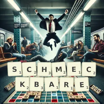 Kreative Illustration für ein Scrabble-Spiel, bei dem das Wort SCHMECKBARE mit Steinen auf dem Brett gelegt wurde.