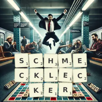 Kreative Illustration für ein Scrabble-Spiel, bei dem das Wort SCHMECKLECKER mit Steinen auf dem Brett gelegt wurde.