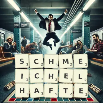 Kreative Illustration für ein Scrabble-Spiel, bei dem das Wort SCHMEICHELHAFTE mit Steinen auf dem Brett gelegt wurde.
