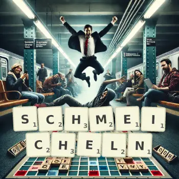 Kreative Illustration für ein Scrabble-Spiel, bei dem das Wort SCHMEICHELN mit Steinen auf dem Brett gelegt wurde.