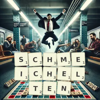 Kreative Illustration für ein Scrabble-Spiel, bei dem das Wort SCHMEICHELTEN mit Steinen auf dem Brett gelegt wurde.