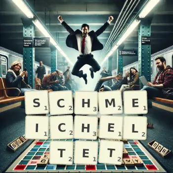 Kreative Illustration für ein Scrabble-Spiel, bei dem das Wort SCHMEICHELTET mit Steinen auf dem Brett gelegt wurde.