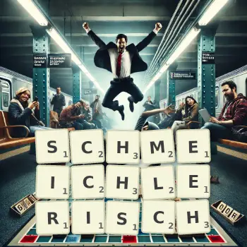 Kreative Illustration für ein Scrabble-Spiel, bei dem das Wort SCHMEICHLERISCH mit Steinen auf dem Brett gelegt wurde.