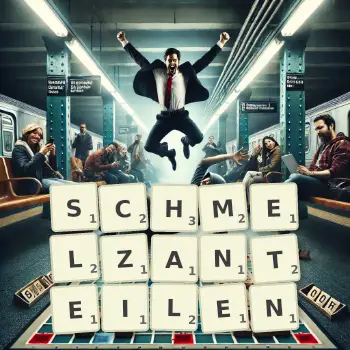 Kreative Illustration für ein Scrabble-Spiel, bei dem das Wort SCHMELZANTEILEN mit Steinen auf dem Brett gelegt wurde.