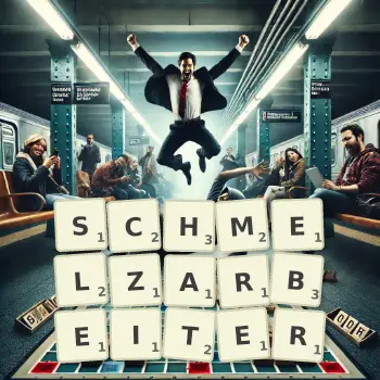Kreative Illustration für ein Scrabble-Spiel, bei dem das Wort SCHMELZARBEITER mit Steinen auf dem Brett gelegt wurde.