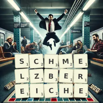 Kreative Illustration für ein Scrabble-Spiel, bei dem das Wort SCHMELZBEREICHE mit Steinen auf dem Brett gelegt wurde.