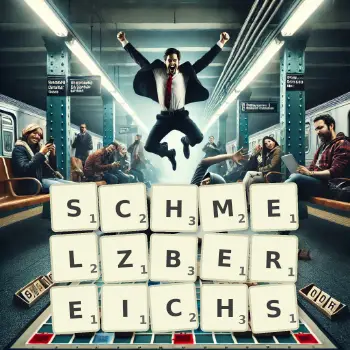 Kreative Illustration für ein Scrabble-Spiel, bei dem das Wort SCHMELZBEREICHS mit Steinen auf dem Brett gelegt wurde.
