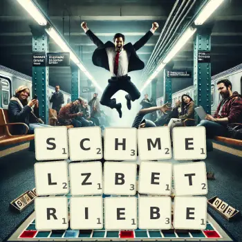 Kreative Illustration für ein Scrabble-Spiel, bei dem das Wort SCHMELZBETRIEBE mit Steinen auf dem Brett gelegt wurde.