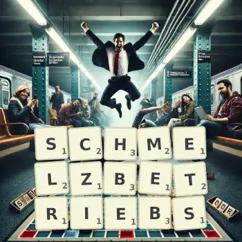 Kreative Illustration für ein Scrabble-Spiel, bei dem das Wort SCHMELZBETRIEBS mit Steinen auf dem Brett gelegt wurde.
