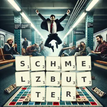 Kreative Illustration für ein Scrabble-Spiel, bei dem das Wort SCHMELZBUTTER mit Steinen auf dem Brett gelegt wurde.
