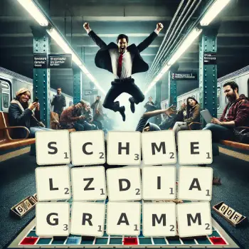 Kreative Illustration für ein Scrabble-Spiel, bei dem das Wort SCHMELZDIAGRAMM mit Steinen auf dem Brett gelegt wurde.