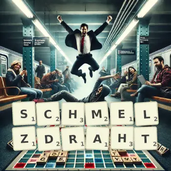 Kreative Illustration für ein Scrabble-Spiel, bei dem das Wort SCHMELZDRAHT mit Steinen auf dem Brett gelegt wurde.