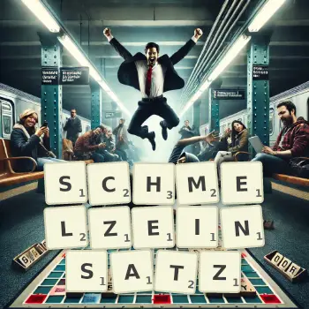 Kreative Illustration für ein Scrabble-Spiel, bei dem das Wort SCHMELZEINSATZ mit Steinen auf dem Brett gelegt wurde.